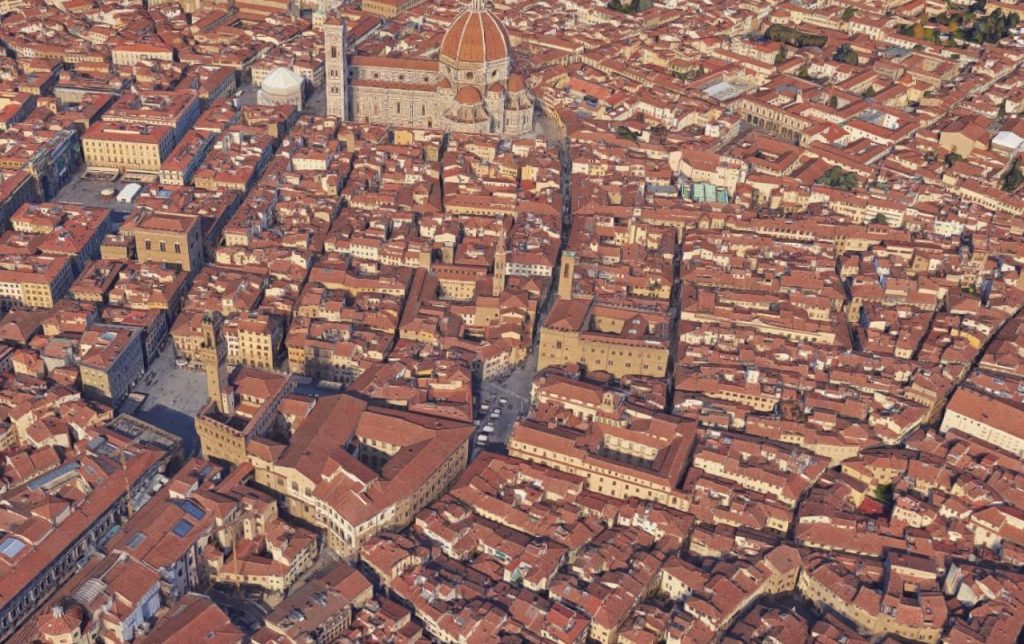 Altstadt Florenz' und ehemaliges Amphiteater in Schrägansicht