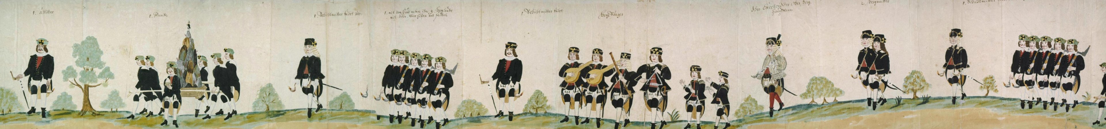 Berg- und Hüttenarbeiter während eines Aufzuges im Plauenschen Grund 1719